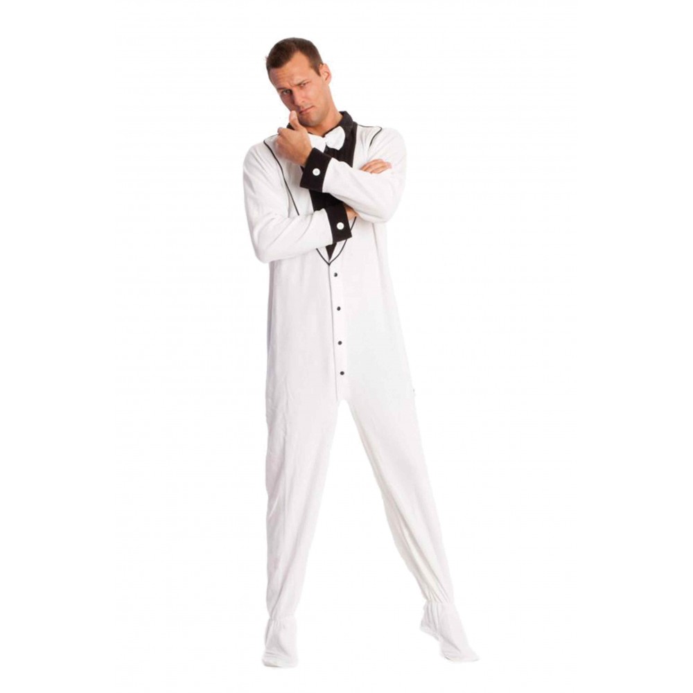 White Tuxedo Adult onesie Footed Pajamas